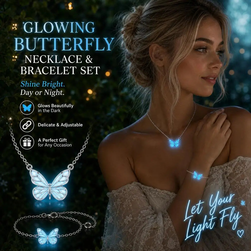 2pcs Luminous Butterfly Necklace Bracelet Set for Women Glow in The Dark Pendant Necklace Christmas New Year Party Jewelry Gift