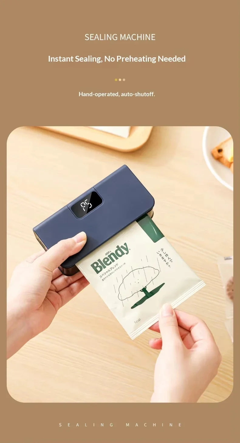 Rechargeable mini sealer with digital display, portable manual sealer, suitable for coffee, tea and snacks, ear-hook style.