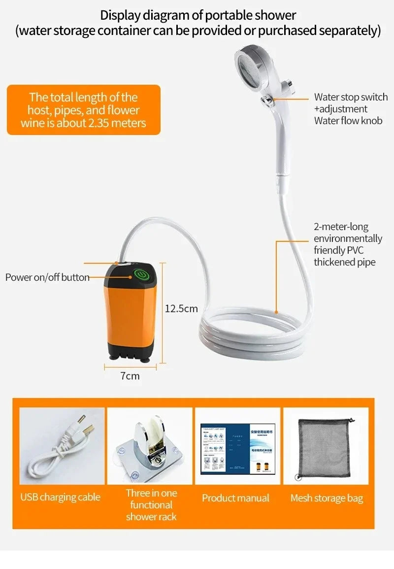 Portable USB Rechargeable High Pressure Waterproof Shower Pump for Camping Beach Hiking Pet Bath Car Wash