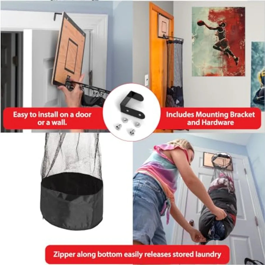 Wooden Basketball Hamper - Hoop Laundry Basket Over the Door - Room Decor