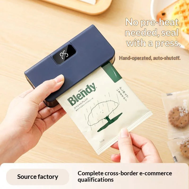Rechargeable mini sealer with digital display, portable manual sealer, suitable for coffee, tea and snacks, ear-hook style.