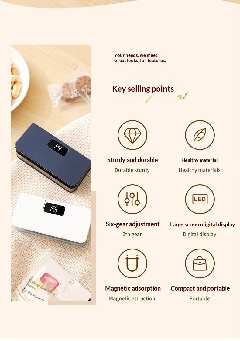 Rechargeable mini sealer with digital display, portable manual sealer, suitable for coffee, tea and snacks, ear-hook style.