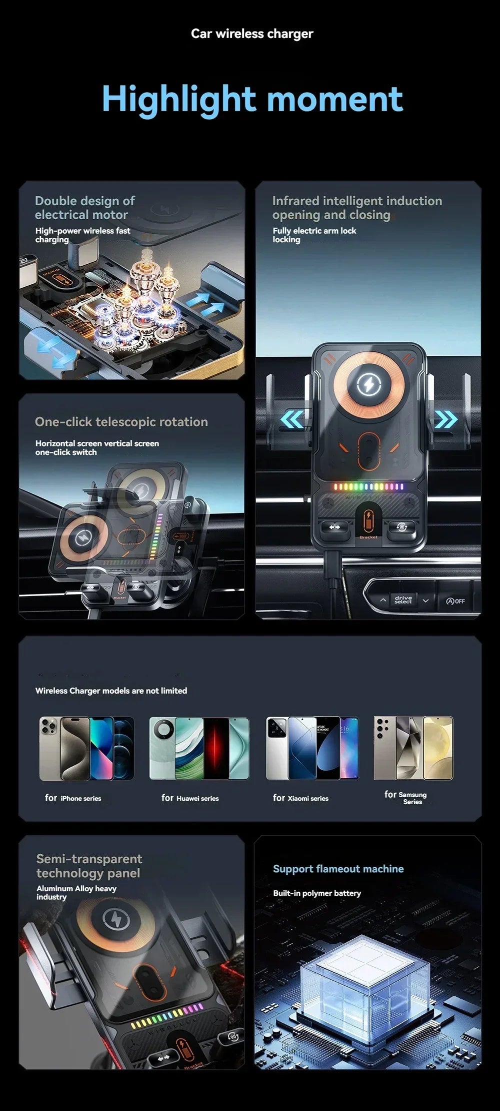 Car Unicersal Air Vent Electric Rotating Opening Closing Phone Holder 15W Wireless Charger Dual Coil Smart Phones Fast Charging