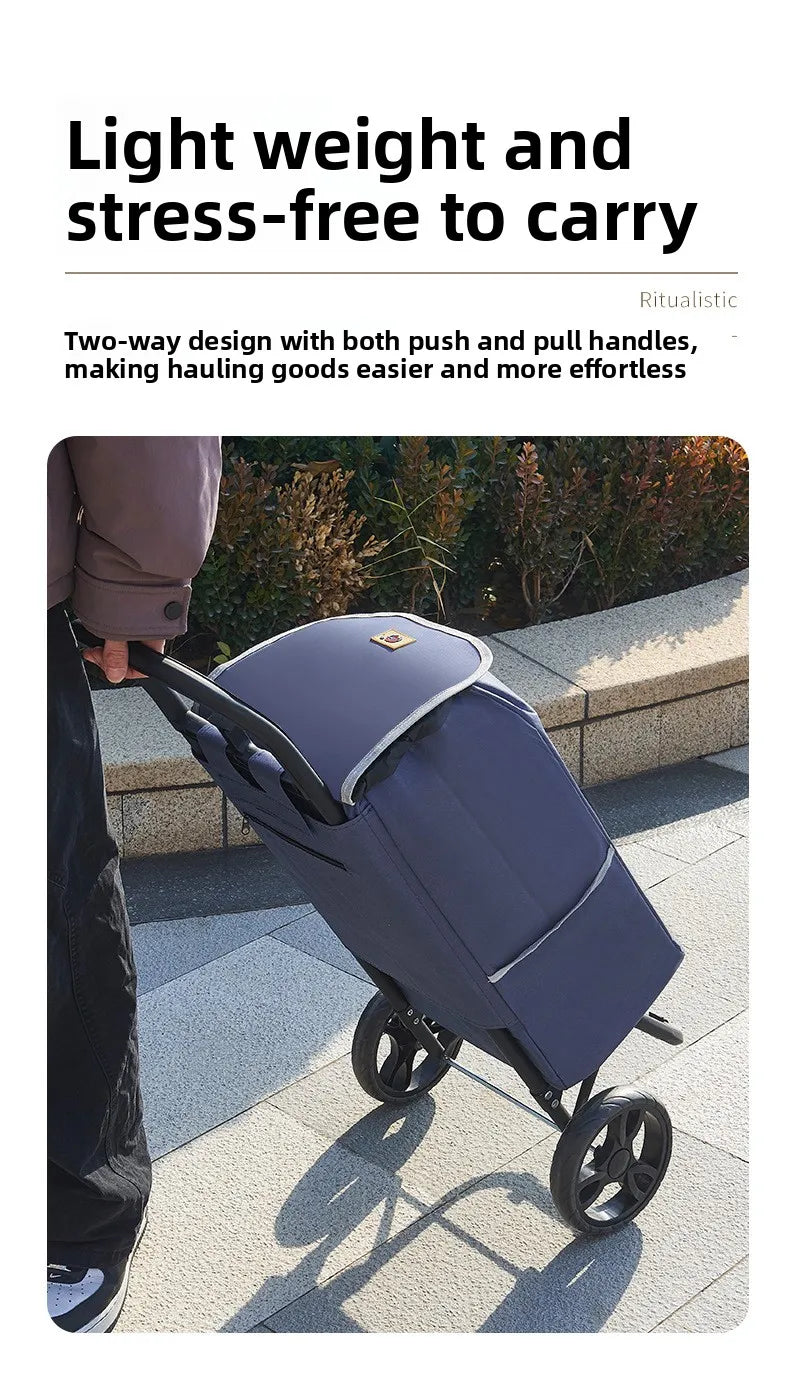 Portable wheeled trolley, climbing three wheeled folding elderly shopping cart, grocery cart, insulated Oxford cloth bag