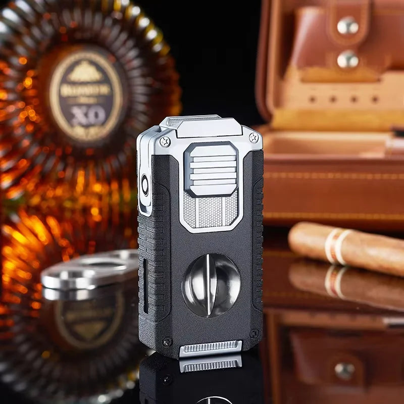 Strong Three Flame Cigar Lighter V-shaped Cigar Cutter Bottom Cigar Drill Cigar Thru Needle Visual Gas Window