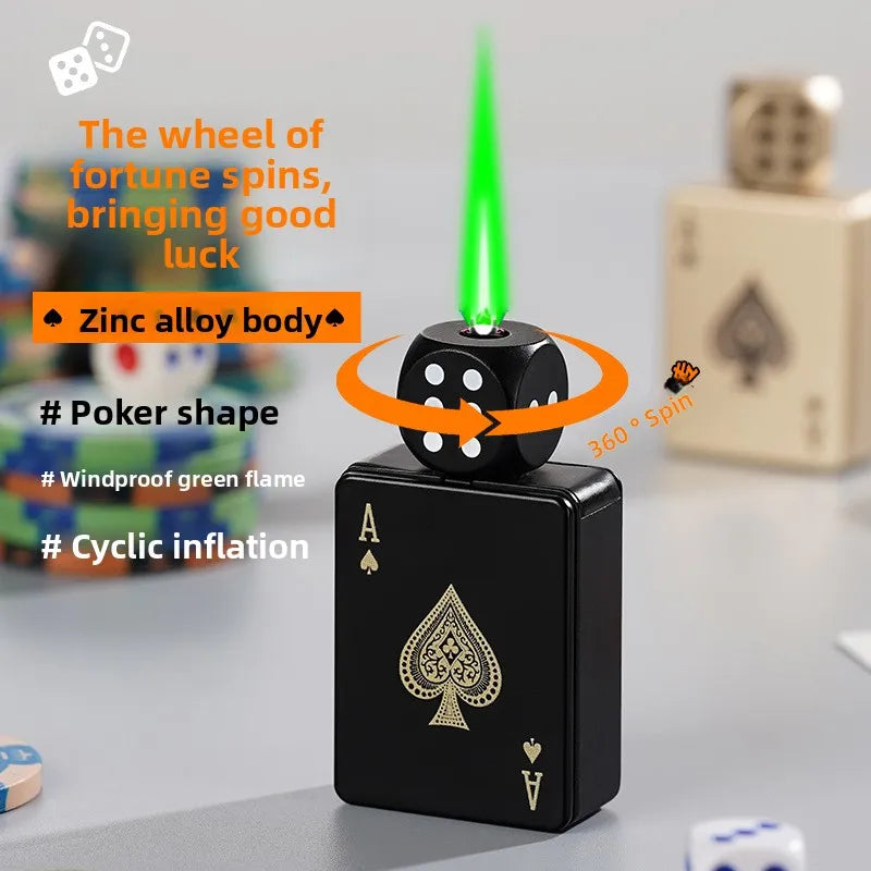 Tiktok Hot Sales Rotating Dice Playing Card Gas Lighter Decompression Toy Tide Play Gas Lighter Green Flame Windproof Lighter