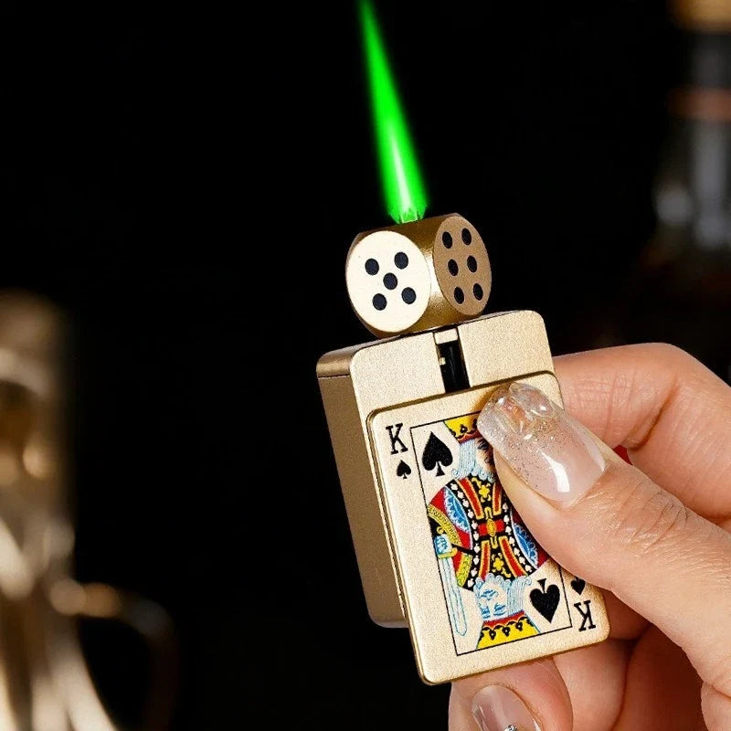 Tiktok Hot Sales Rotating Dice Playing Card Gas Lighter Decompression Toy Tide Play Gas Lighter Green Flame Windproof Lighter