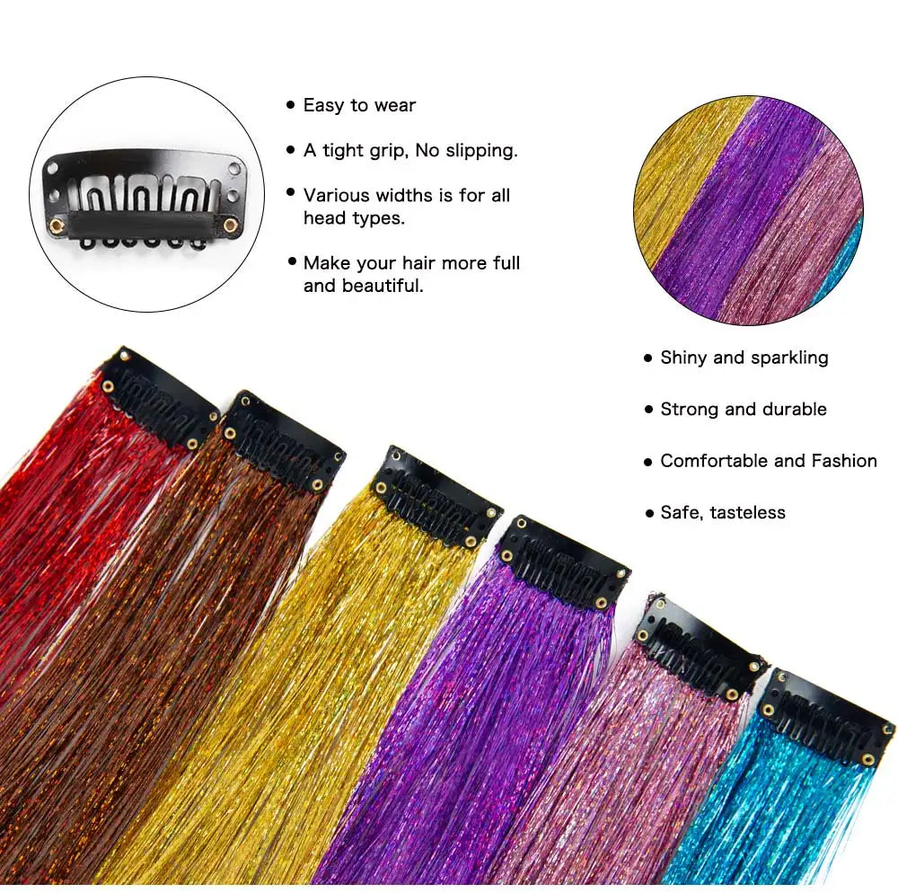 Wholesale 5Pcs/Pack Sparkling Shiny Hair Extensions Clip In Sparkle Shiny Hair Tinsel Rainbow Shiny Sparkle Hair Tinsel Pink/Red