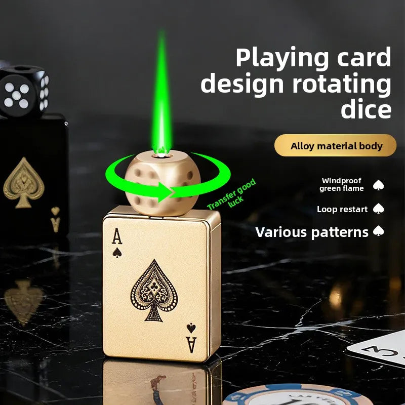 Tiktok Hot Sales Rotating Dice Playing Card Gas Lighter Decompression Toy Tide Play Gas Lighter Green Flame Windproof Lighter
