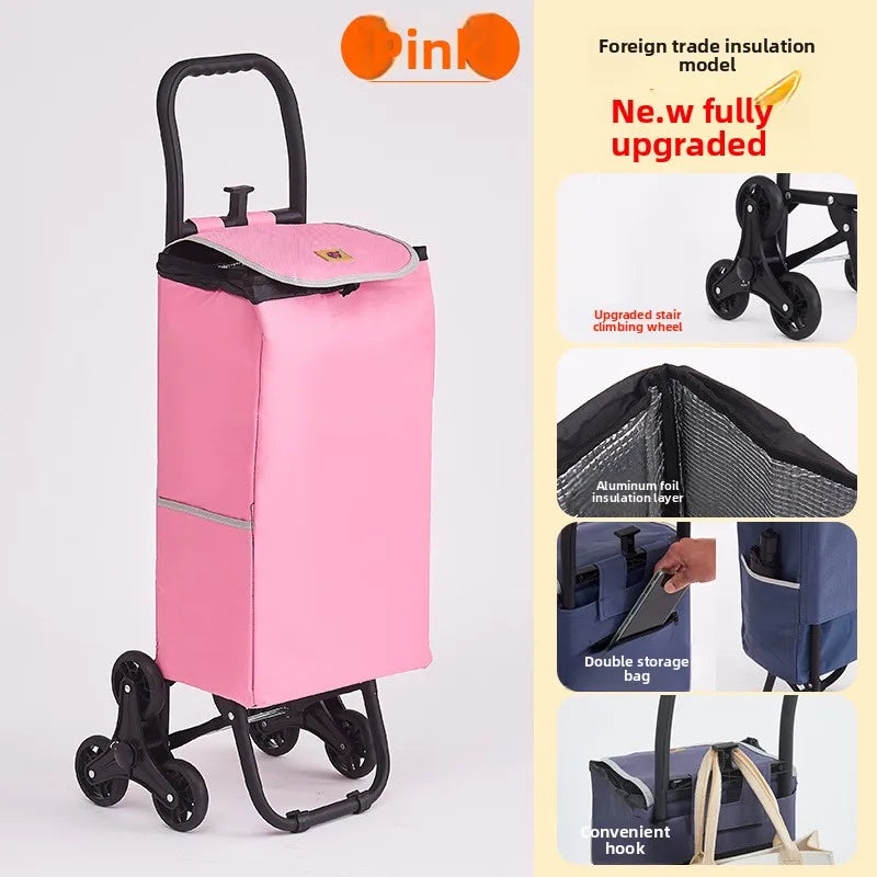 Portable wheeled trolley, climbing three wheeled folding elderly shopping cart, grocery cart, insulated Oxford cloth bag