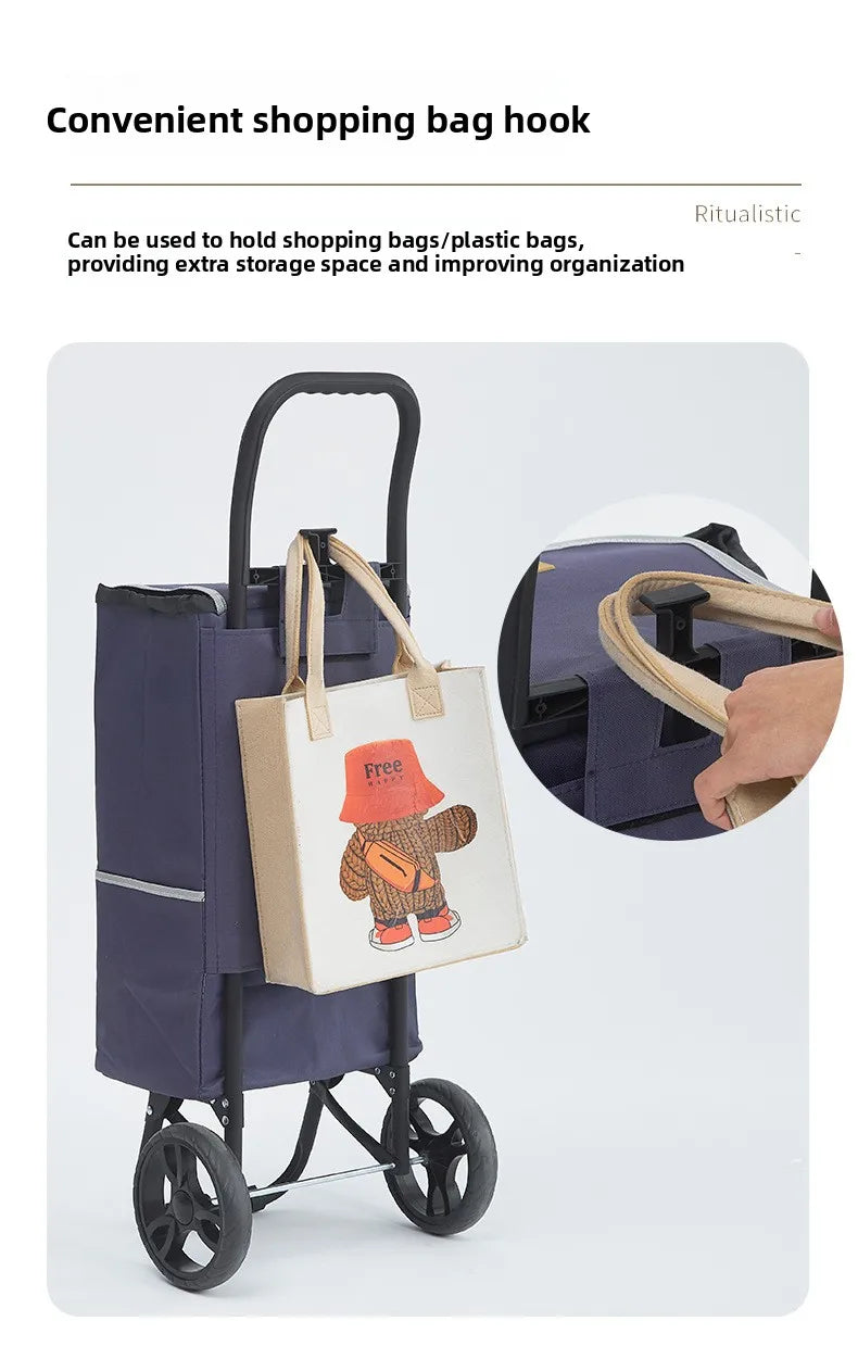 Portable wheeled trolley, climbing three wheeled folding elderly shopping cart, grocery cart, insulated Oxford cloth bag