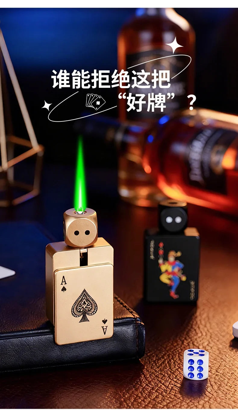 Tiktok Hot Sales Rotating Dice Playing Card Gas Lighter Decompression Toy Tide Play Gas Lighter Green Flame Windproof Lighter