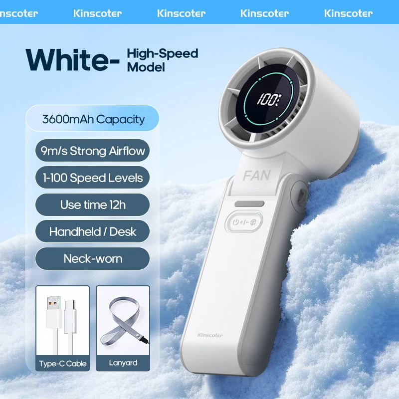 Kinscoter New Cooling Handheld Fan 3600mAh Foldable Portable Fan 100-level Free Control High Speed Mini Personal Fan w/ Lanyard