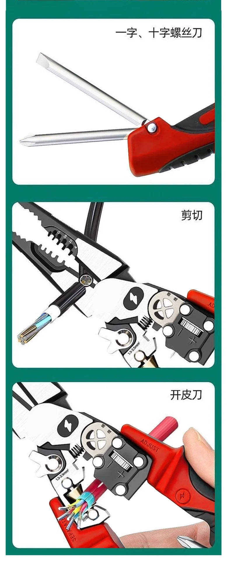 Multifunctional Alloy Steel Electrician Tool Set, Wire Stripper, Diagonal & Needle Nose Pliers with Voltage Tester