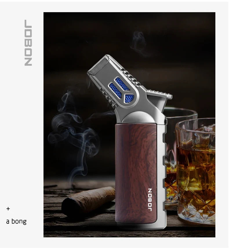 JOBON-Windproof Inflatable Cigar Lighter, Strong Four Blue Flame, Adjustable Size, Fixed Fire Lock Design, Torch Gun Cycle