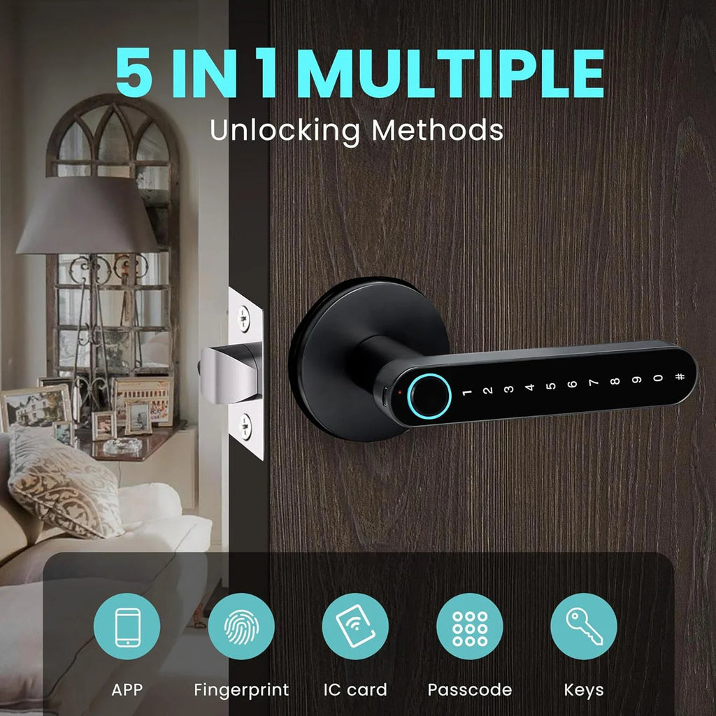 Fingerprint Door Lock with Handle Keyless Entry Door Lock with App Control/Key/IC Card for Home Hotel Office Apartment Bedroom