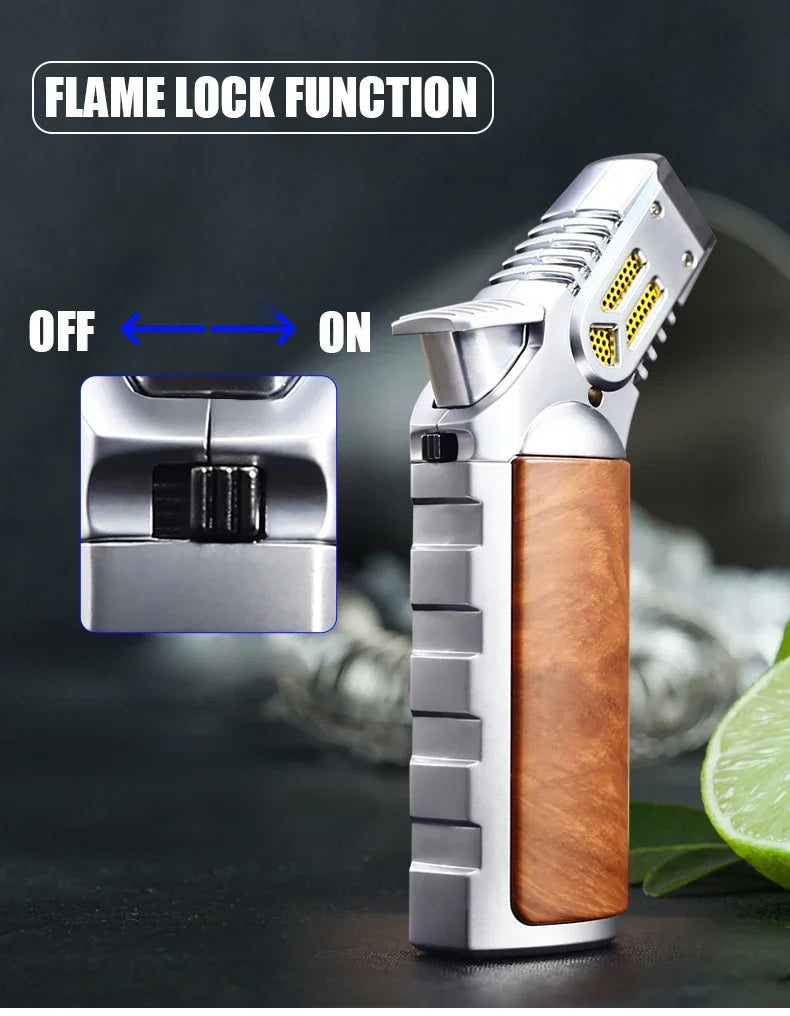 JOBON-Windproof Inflatable Cigar Lighter, Strong Four Blue Flame, Adjustable Size, Fixed Fire Lock Design, Torch Gun Cycle