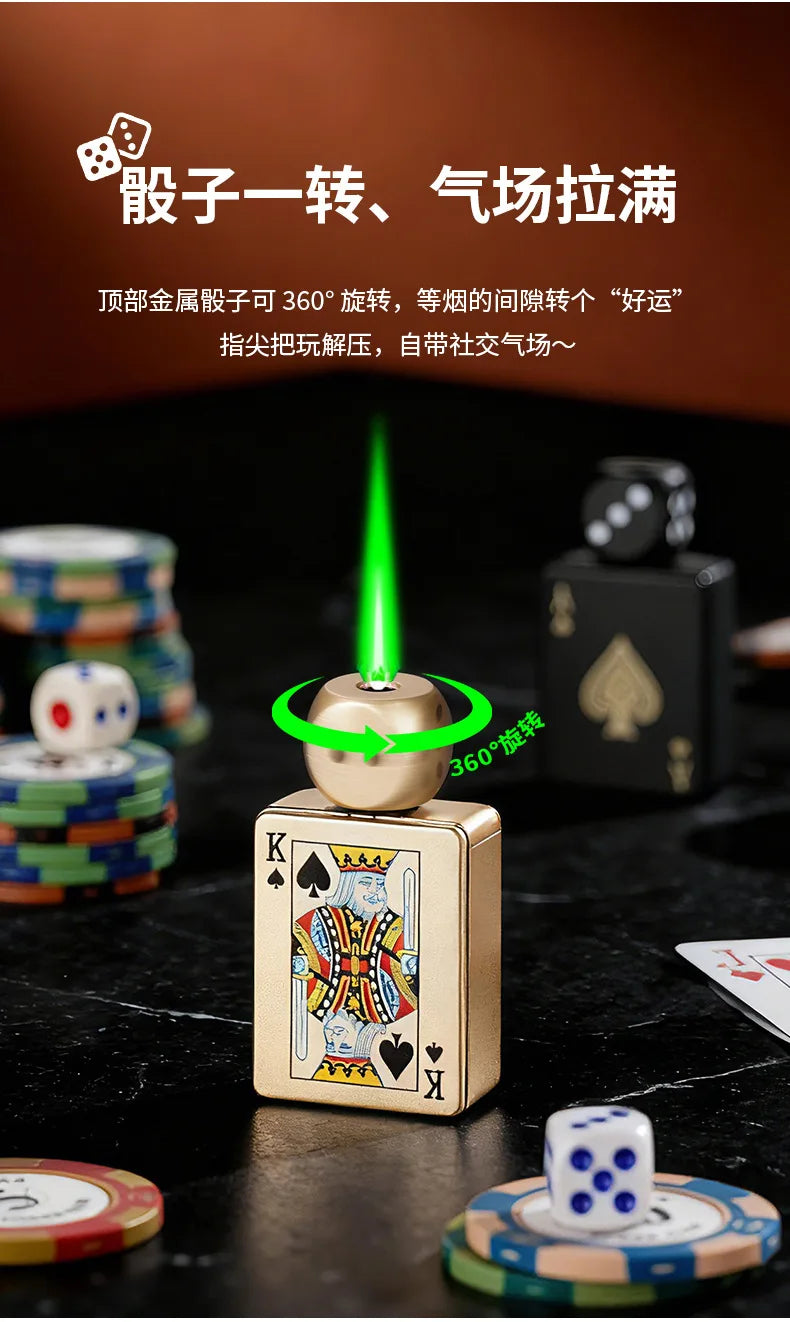 Tiktok Hot Sales Rotating Dice Playing Card Gas Lighter Decompression Toy Tide Play Gas Lighter Green Flame Windproof Lighter