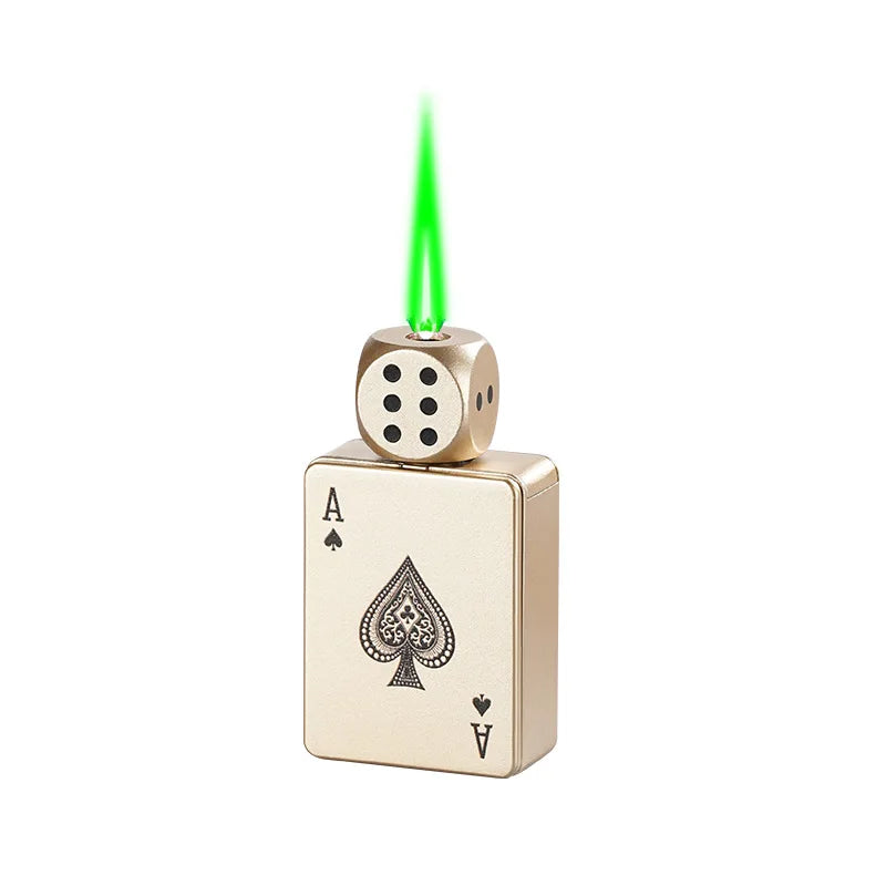 Tiktok Hot Sales Rotating Dice Playing Card Gas Lighter Decompression Toy Tide Play Gas Lighter Green Flame Windproof Lighter