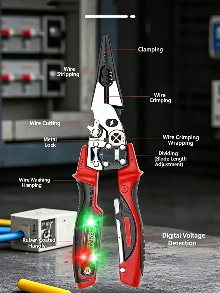 Multifunctional Alloy Steel Electrician Tool Set, Wire Stripper, Diagonal & Needle Nose Pliers with Voltage Tester