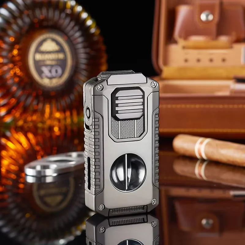 Strong Three Flame Cigar Lighter V-shaped Cigar Cutter Bottom Cigar Drill Cigar Thru Needle Visual Gas Window