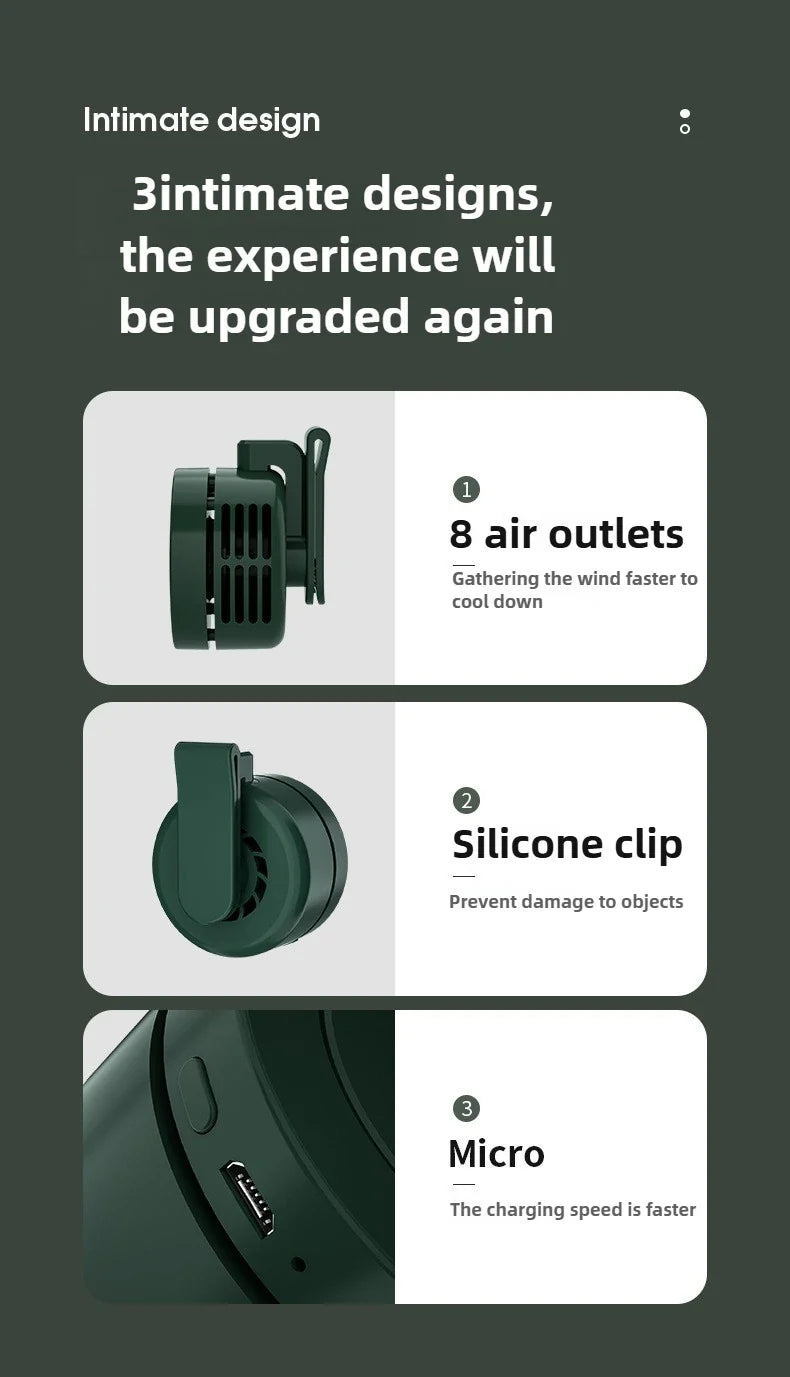 Mini Clip Fans Hanging Waist Neck Fan Girl Electric Air Cooling Fan 900mah USB Leafless Fan 3 Speeds Portable Cooler Air