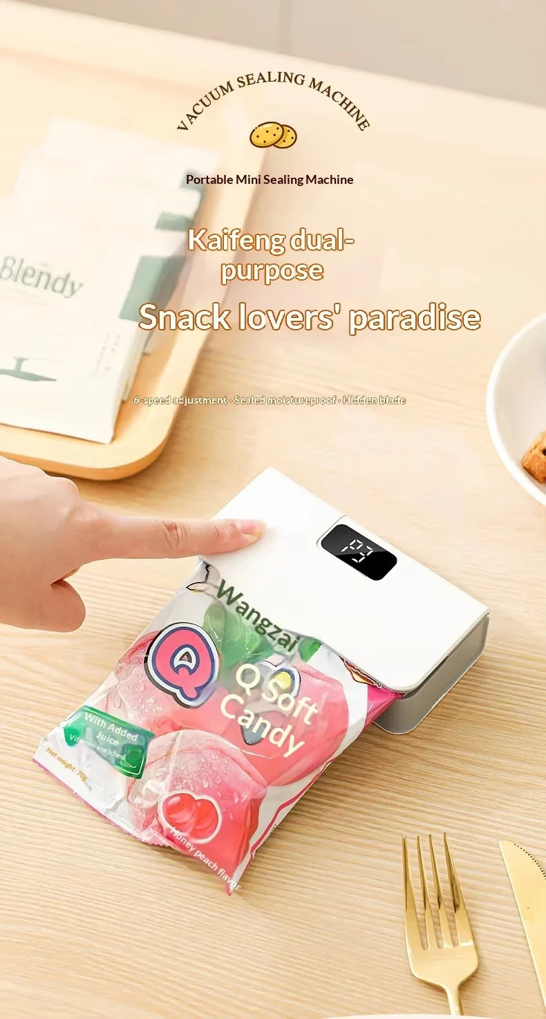 Rechargeable mini sealer with digital display, portable manual sealer, suitable for coffee, tea and snacks, ear-hook style.