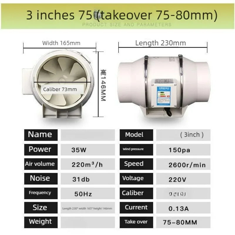 3inch Exhaust Pipe Fan Ventilation Fan Pipe Fan Inline Duct Fan Ventilation Exhaust Blower Fans Quiet For Ducting