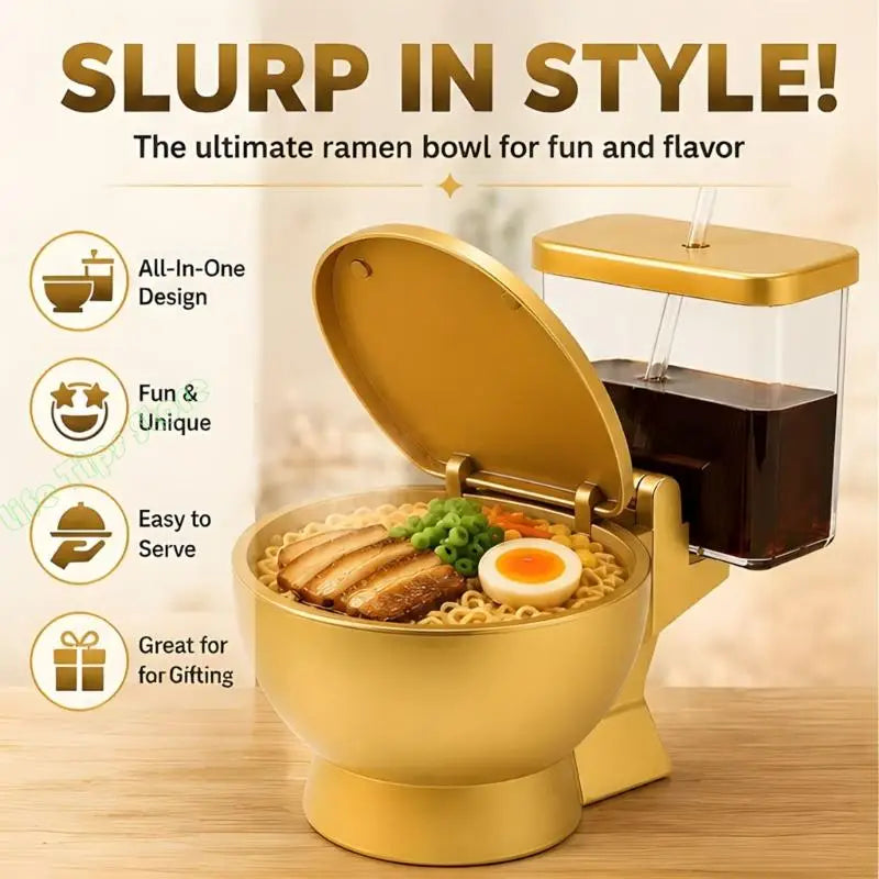 Gold Look Ramen Bowl Set with Side Straw Cup, Hinged Lid, and Toilet Profile for Soup Meals, Dorm Tables, Shared Use, and