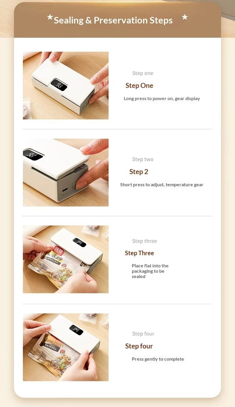 Rechargeable mini sealer with digital display, portable manual sealer, suitable for coffee, tea and snacks, ear-hook style.
