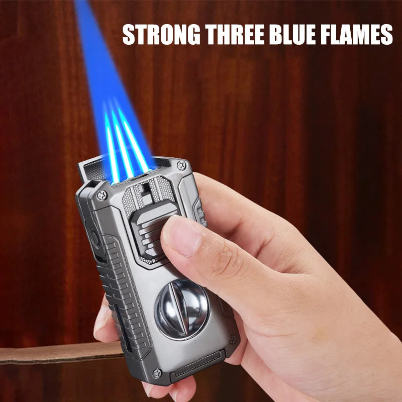 Strong Three Flame Cigar Lighter V-shaped Cigar Cutter Bottom Cigar Drill Cigar Thru Needle Visual Gas Window