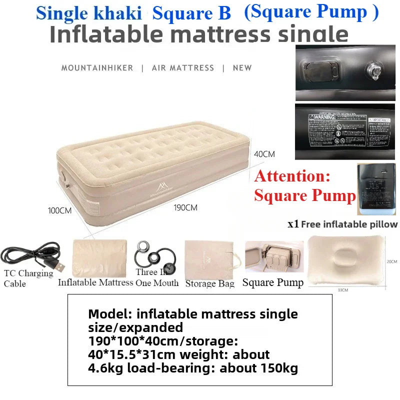 MOUNTAINHIKER New Interior Air Mattress Glamping Mats PVC Inflatable Sleeping Mattress 1/3 Person Camping Bed Mat Built-in Pump