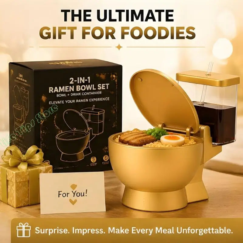 Gold Look Ramen Bowl Set with Side Straw Cup, Hinged Lid, and Toilet Profile for Soup Meals, Dorm Tables, Shared Use, and