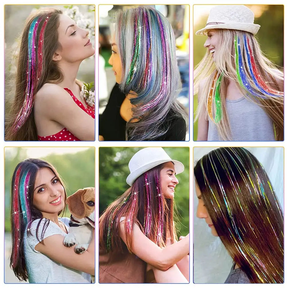 Wholesale 5Pcs/Pack Sparkling Shiny Hair Extensions Clip In Sparkle Shiny Hair Tinsel Rainbow Shiny Sparkle Hair Tinsel Pink/Red