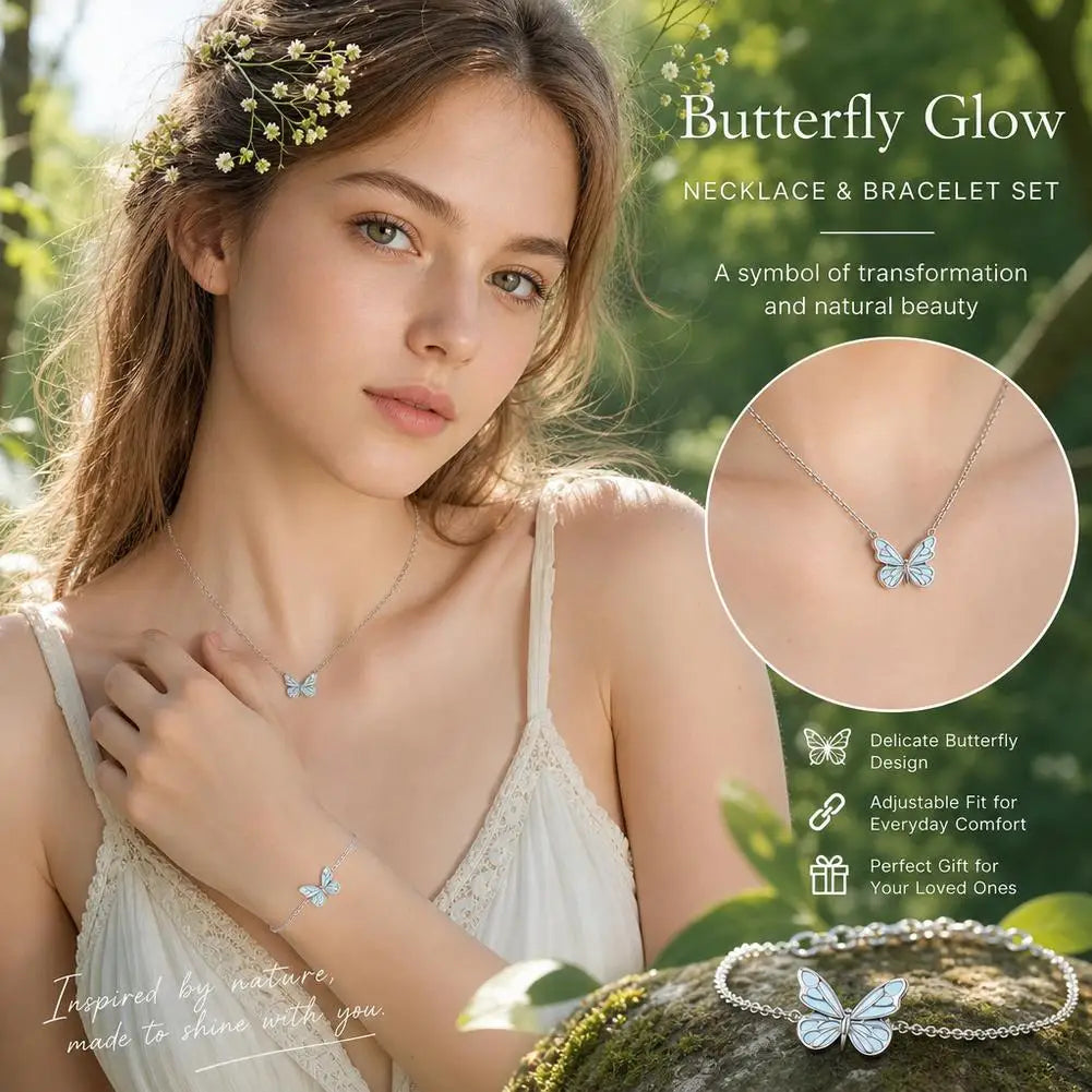 2pcs Luminous Butterfly Necklace Bracelet Set for Women Glow in The Dark Pendant Necklace Christmas New Year Party Jewelry Gift