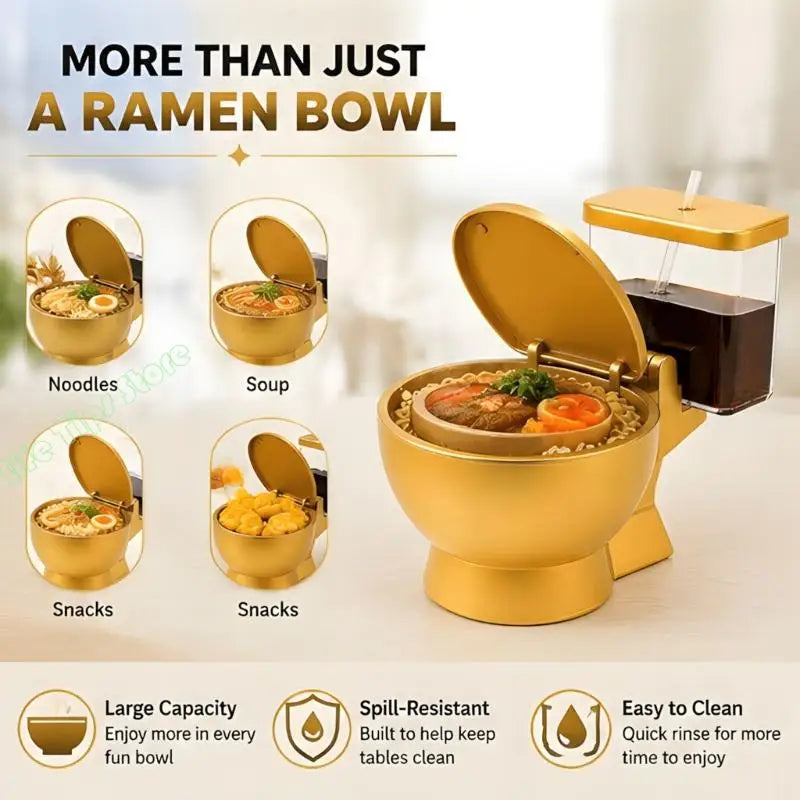 Gold Look Ramen Bowl Set with Side Straw Cup, Hinged Lid, and Toilet Profile for Soup Meals, Dorm Tables, Shared Use, and
