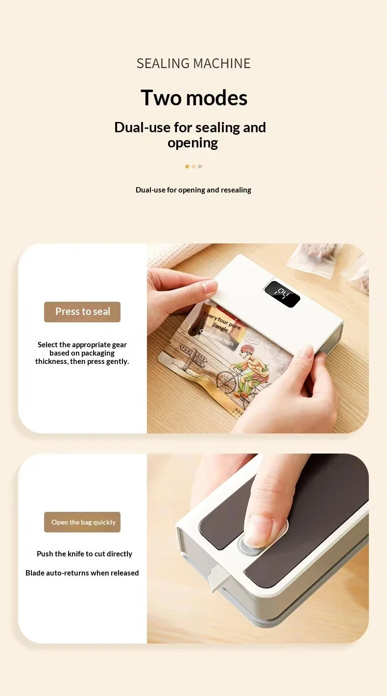 Rechargeable mini sealer with digital display, portable manual sealer, suitable for coffee, tea and snacks, ear-hook style.