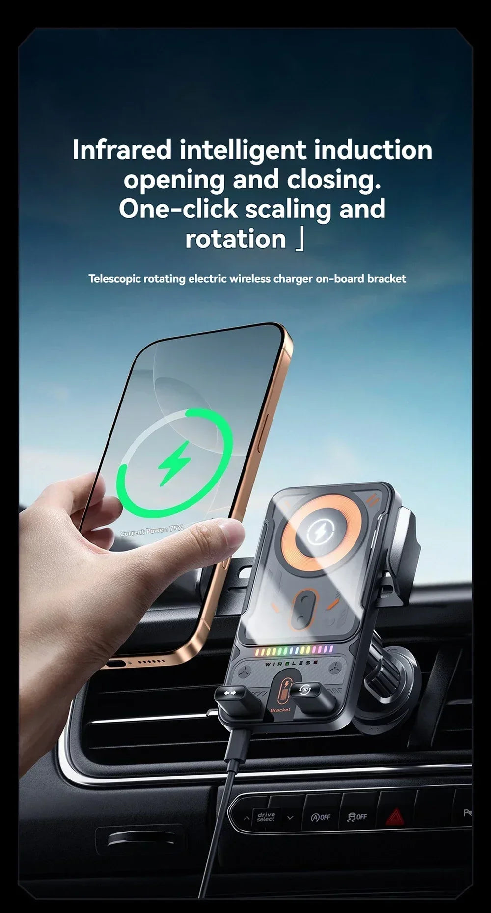 Car Unicersal Air Vent Electric Rotating Opening Closing Phone Holder 15W Wireless Charger Dual Coil Smart Phones Fast Charging