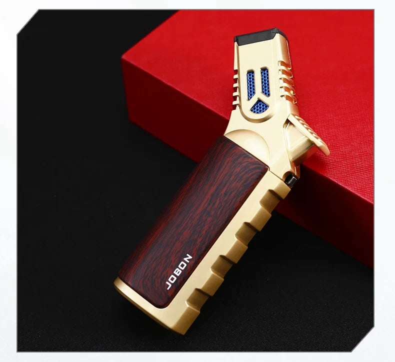 JOBON-Windproof Inflatable Cigar Lighter, Strong Four Blue Flame, Adjustable Size, Fixed Fire Lock Design, Torch Gun Cycle