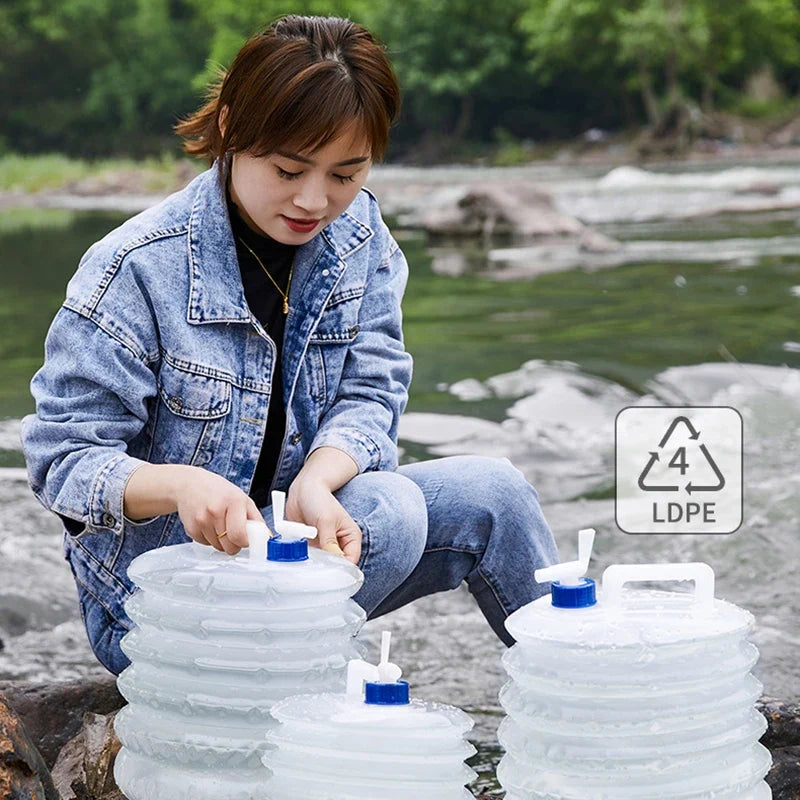 PE Folding Water Bag Retractable Bucket Outdoor Collapsible Water Bag Portable Driving Water Tank Container Faucet Car Camping