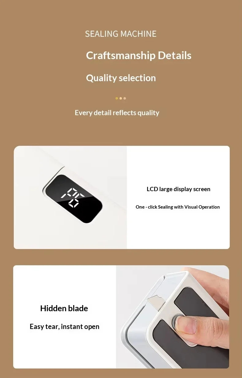 Rechargeable mini sealer with digital display, portable manual sealer, suitable for coffee, tea and snacks, ear-hook style.