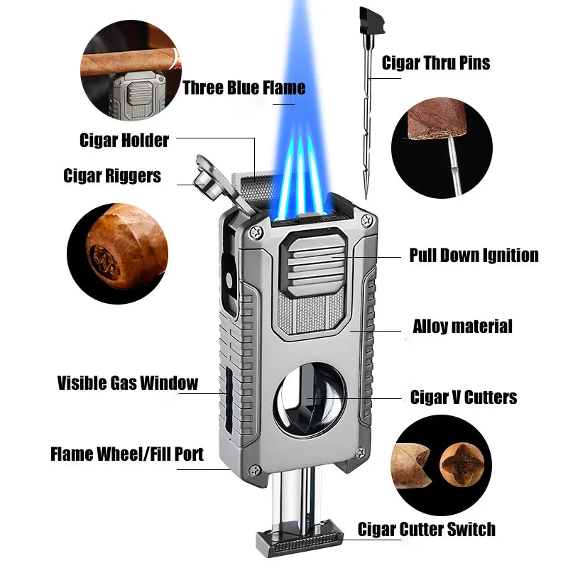 Strong Three Flame Cigar Lighter V-shaped Cigar Cutter Bottom Cigar Drill Cigar Thru Needle Visual Gas Window