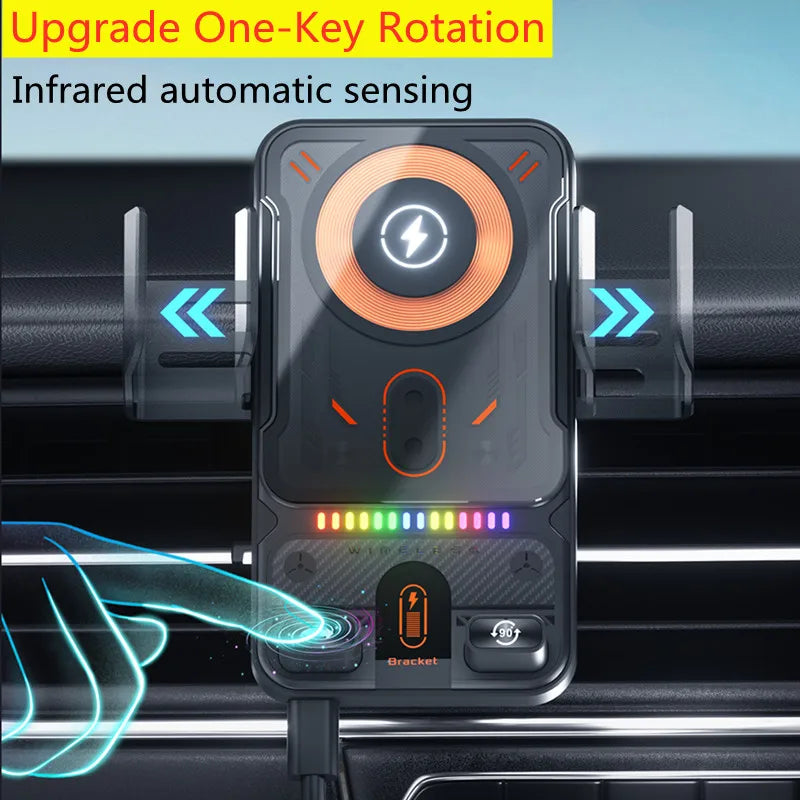Car Unicersal Air Vent Electric Rotating Opening Closing Phone Holder 15W Wireless Charger Dual Coil Smart Phones Fast Charging