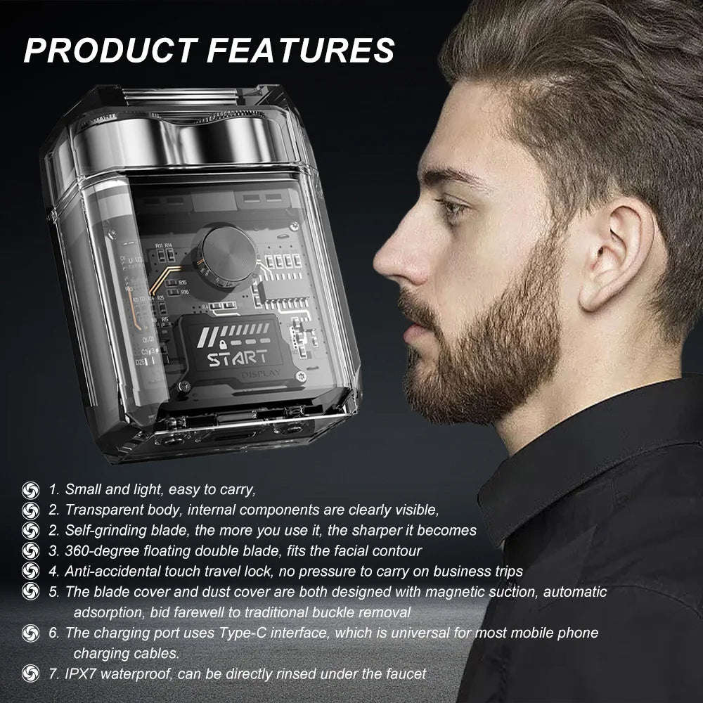 Electric Shaver、Transparent Body Rotary、Mini Portable Waterproof、IPX7 Wet Dry Electric、Travel Men Shaver