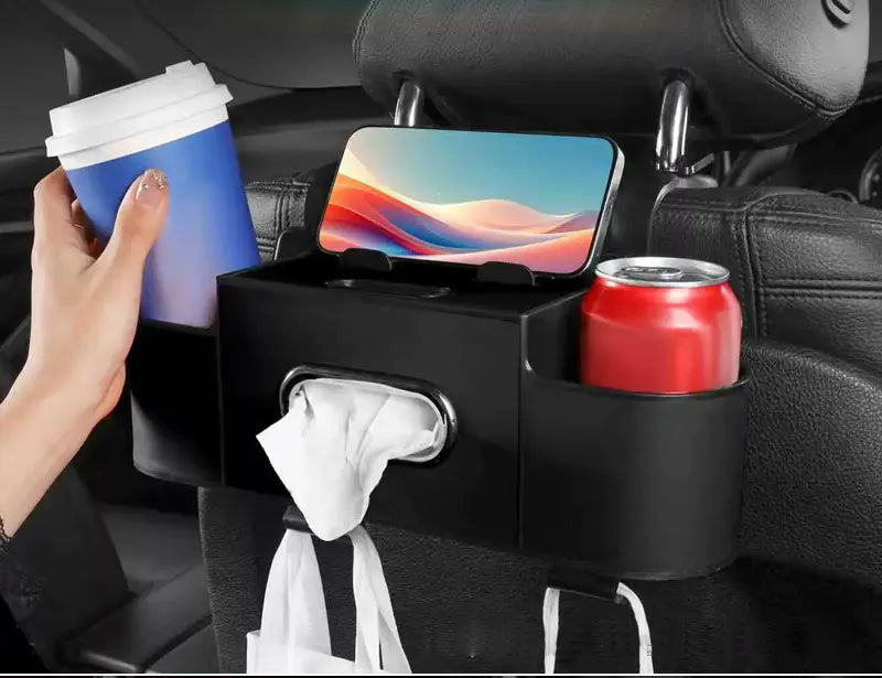 Car Back Seat Organizer with 2 Drink Cup Holder-Tissue Box and Storage Box Hook-Multi-functional Storage-Great for Travel