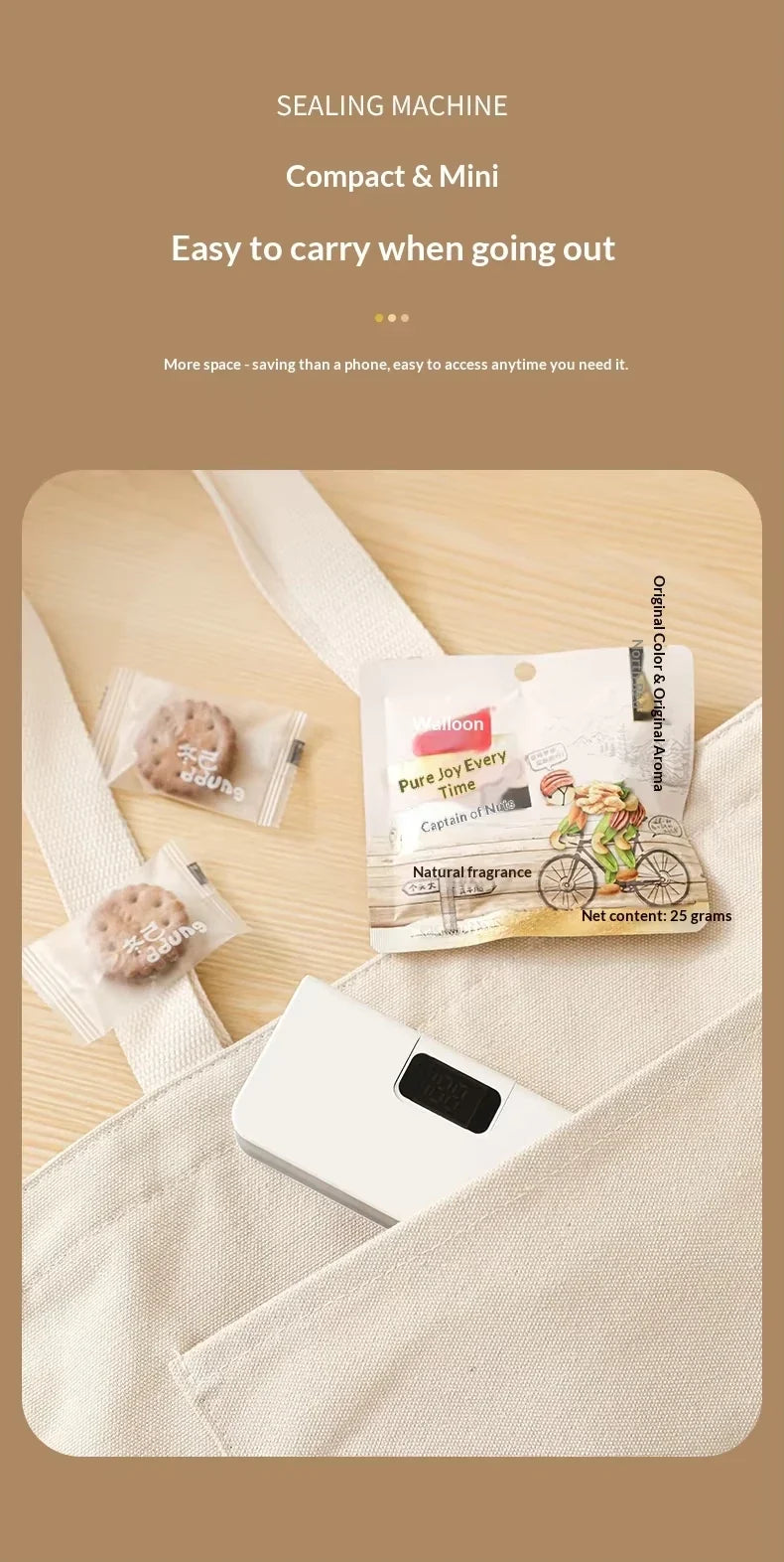 Rechargeable mini sealer with digital display, portable manual sealer, suitable for coffee, tea and snacks, ear-hook style.