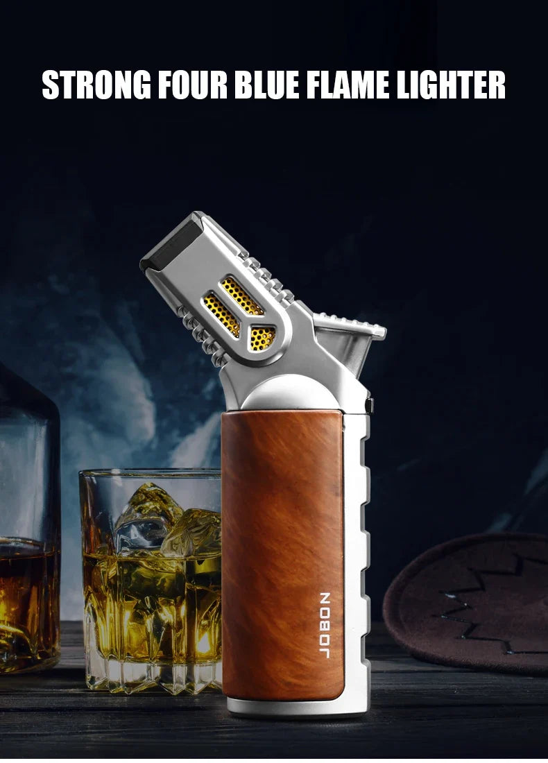 JOBON-Windproof Inflatable Cigar Lighter, Strong Four Blue Flame, Adjustable Size, Fixed Fire Lock Design, Torch Gun Cycle